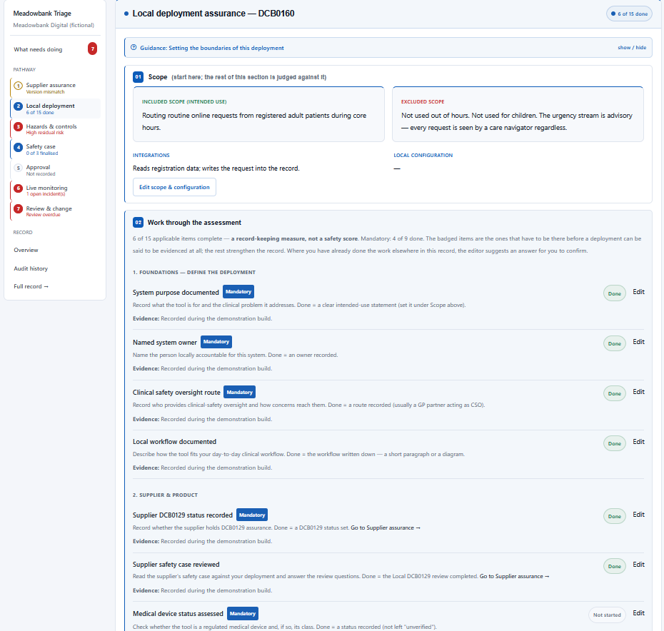 Haresign DCB0160 local deployment assessment showing intended scope, excluded scope, integrations and structured mandatory clinical safety assessment items
