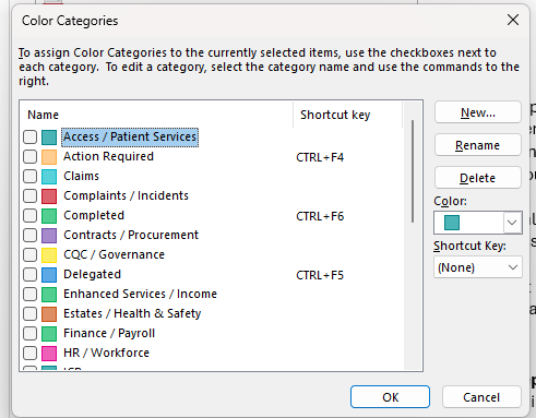 Outlook categories for practice management workstreams and workflow status